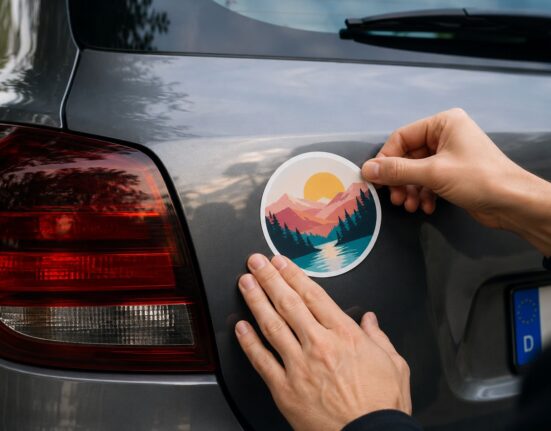Hand bringt einen kreisrunden, fotorealistischen Autoaufkleber mit Bergmotiv an einem Auto an – Beispiel für UV-stabilen Folien-Aufkleber von Typographus