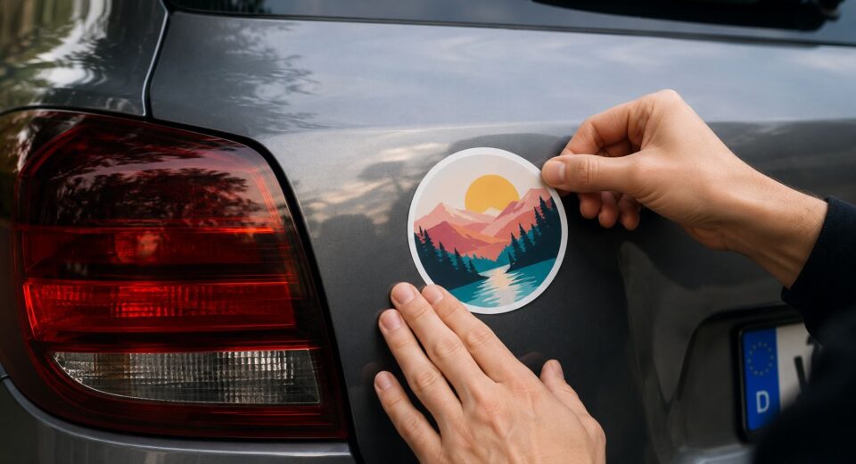 Hand bringt einen kreisrunden, fotorealistischen Autoaufkleber mit Bergmotiv an einem Auto an – Beispiel für UV-stabilen Folien-Aufkleber von Typographus