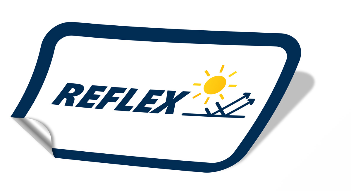 Aufkleber mit der Aufschrift Reflex und einem Symbol für zurückgeworfenes Licht