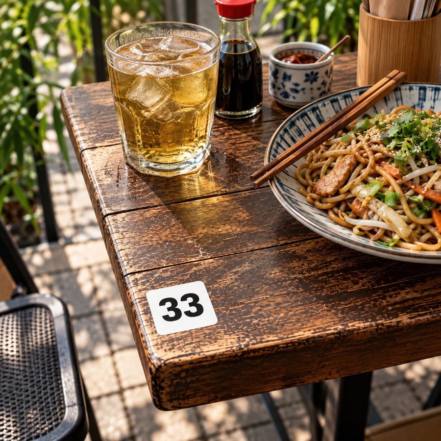 Eckiger Tischnummern-Aufkleber 33 auf einem dunklen Holztisch auf der Restaurant-Terrasse, daneben Glas und Teller
