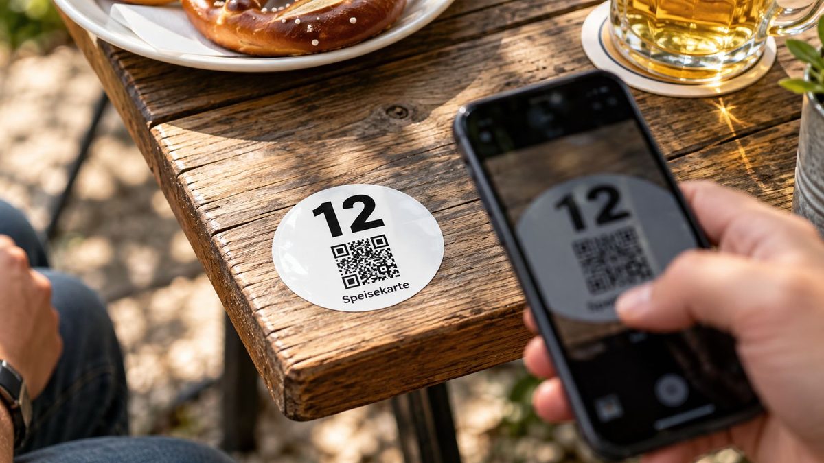 Runder Tischnummern-Aufkleber 12 mit QR-Code zur Speisekarte auf einem Holztisch im Biergarten, Gast scannt mit dem Smartphone