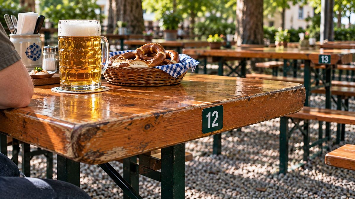 Tischnummern-Aufkleber 12 an der Stirnseite einer Biergartengarnitur
