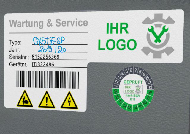 Maschinenaufkleber mit Barcode und Prüfplakette