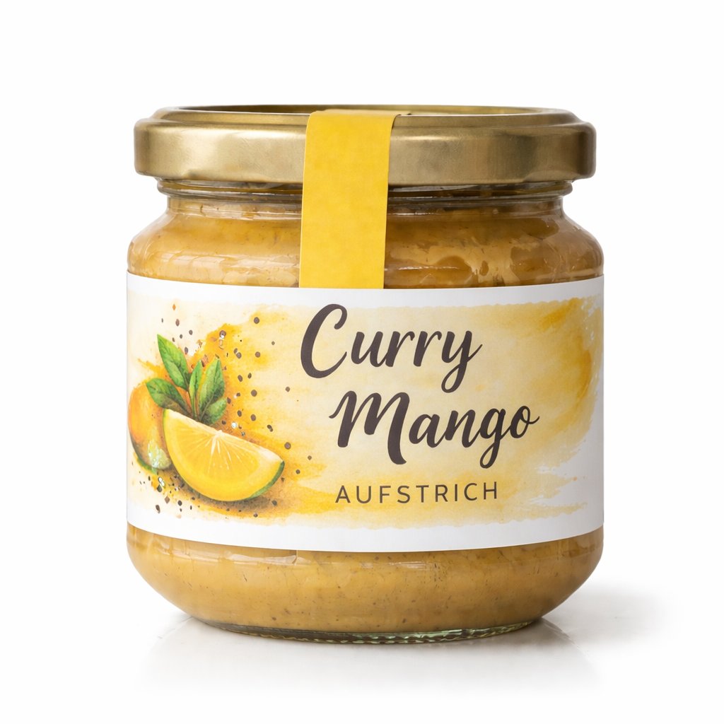 Frischesiegel auf Curry-Mango-Aufstrich Glas – Gewährverschluss Etikett Feinkost
