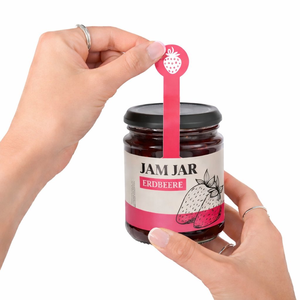 Frischesiegel wird vom Glas gezogen – Erstöffnungsnachweis Siegeletikett