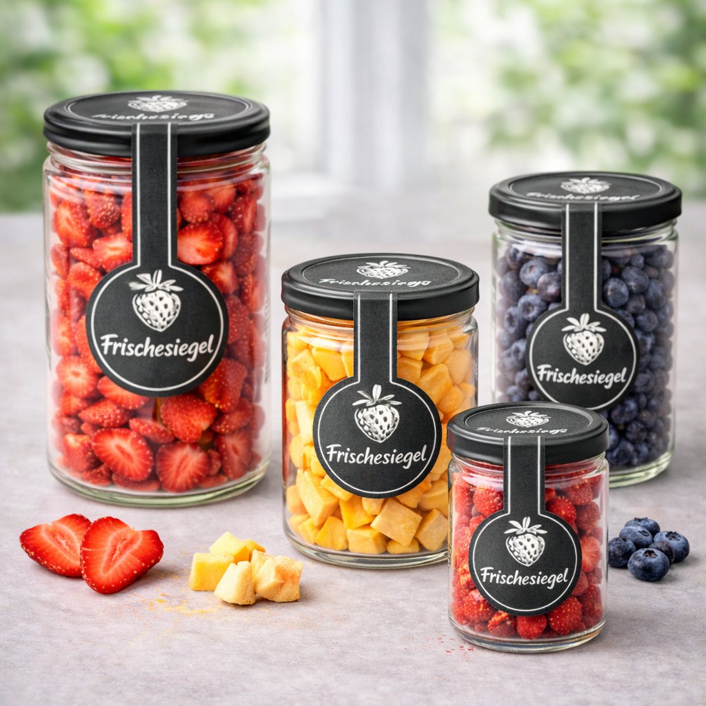 Frischesiegel Etiketten auf Gläsern – Sortiment gefriergetrocknete Früchte
