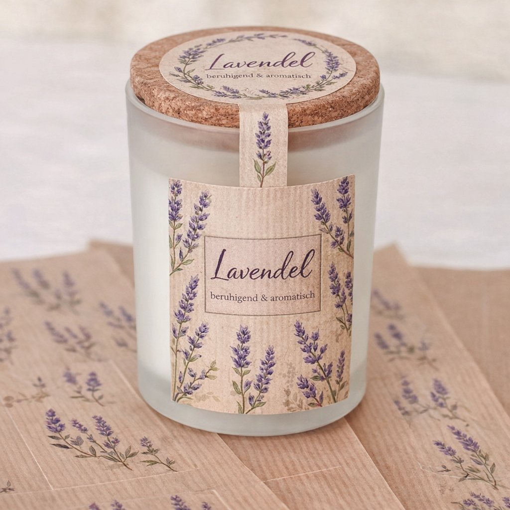 Frischesiegel Lavendel Duftkerze Korkdeckel – Siegeletikett Kraftpapier Naturoptik