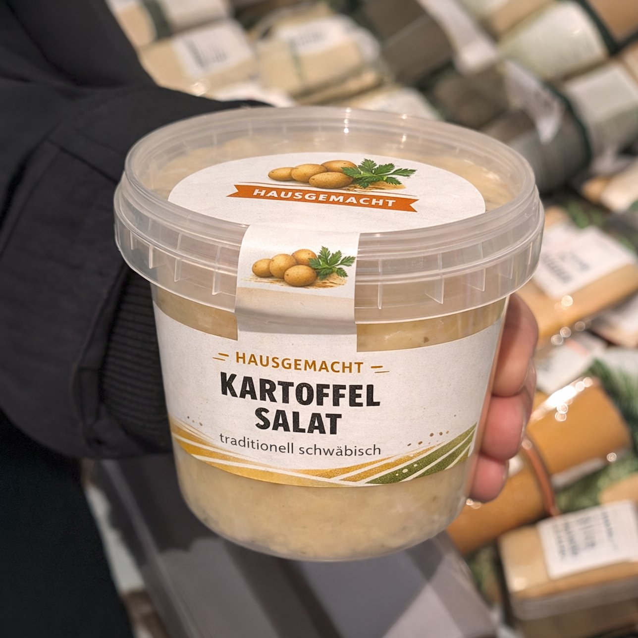 Frischesiegel auf Kunststoffbehälter Kartoffelsalat – Verschlussetikett Frischetheke