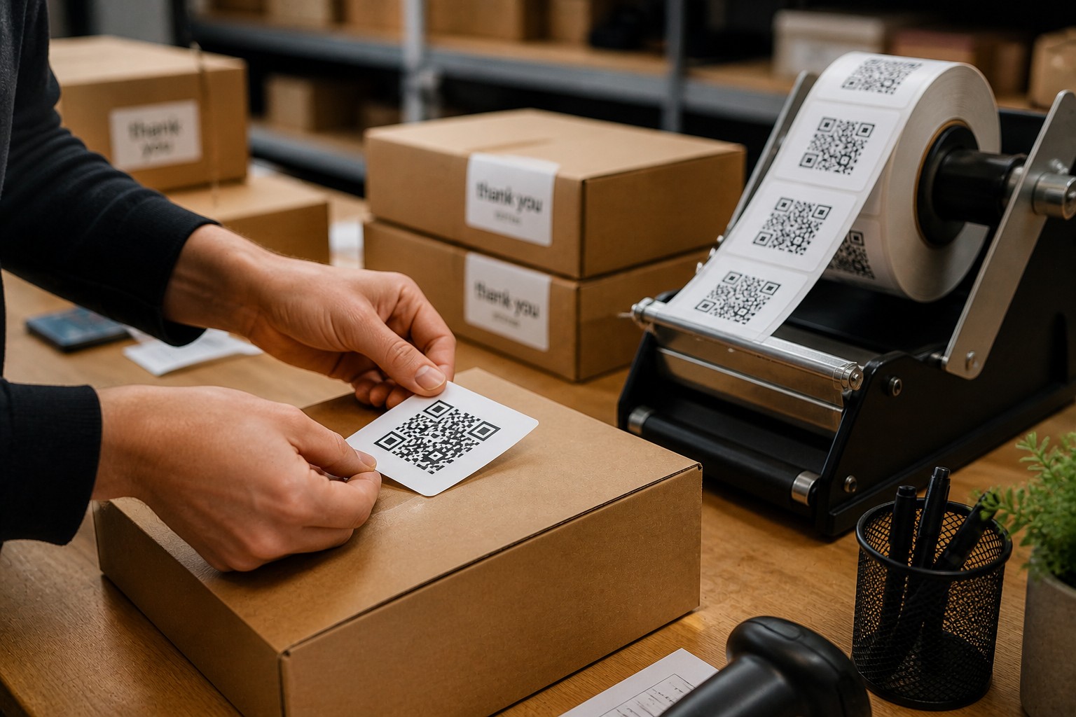 QR-Code Rollenetiketten beim Verpacken